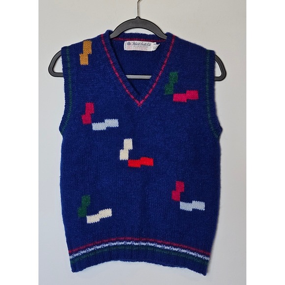 Robert Scott Ltd Vintage 80s Blue Shetland Wool Sweater Vest Retro Geometric 36 - Picture 1 of 4